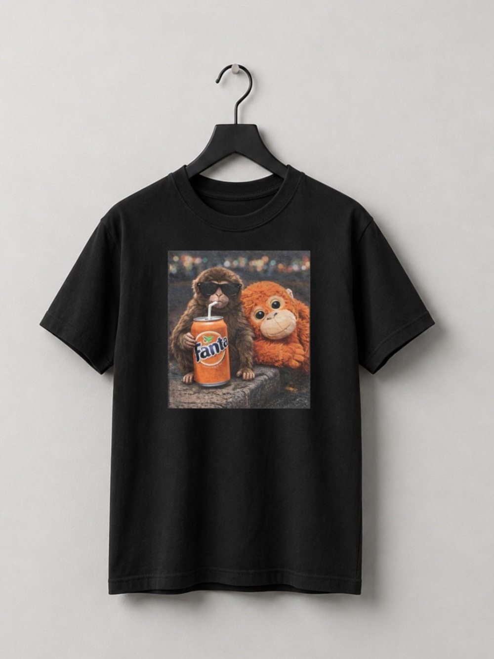 Black Tee with Orange Monkey and Fanta Can Graphic